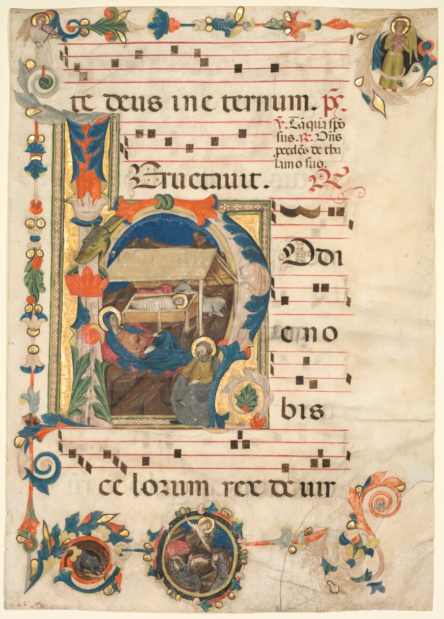 ورقة من Antiphonary مع H الأولي التأريخي مع مستقيمة المهد ، أوائل القرن الثالث عشر. بواسطة غير معروف