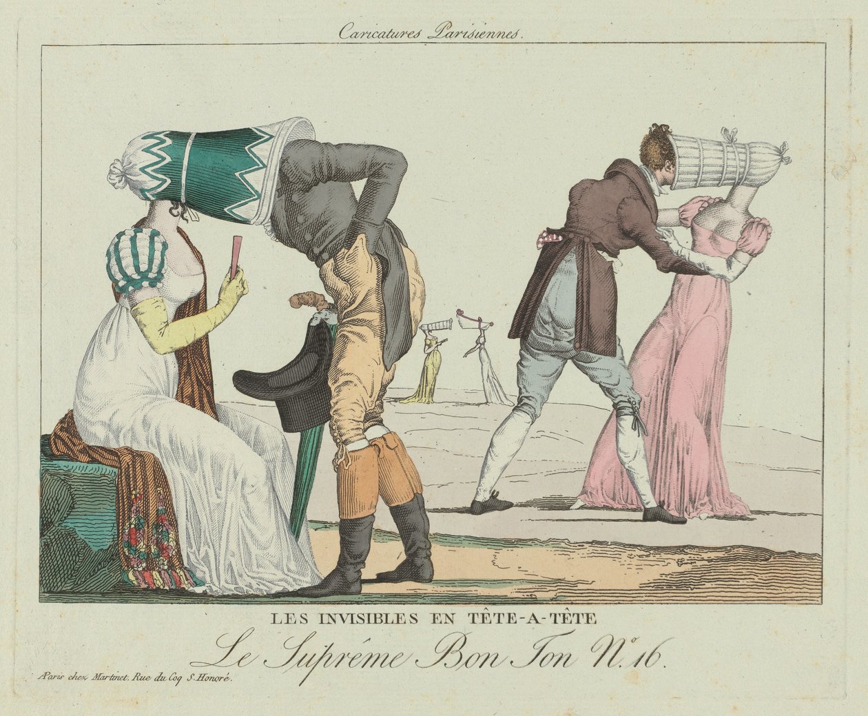 شخص على واحد غير مرئي واحد على واحد مع Poke Bonnets ، ج. 1805. بواسطة غير معروف