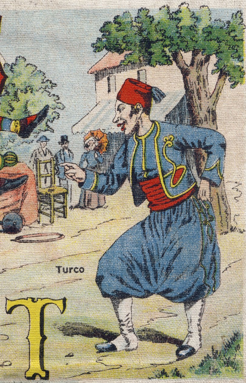 حرف T: Turco. ألبوم Drolatic. السلسلة رقم 4 في Album-chromo على قماش. الطباعة الحجرية الملونة على الأنسجة. تصوير مارسيل فاني ، جارفيل نانسي ، أوائل القرن العشرين. قاتمة: 25x17،5 سم بواسطة غير معروف