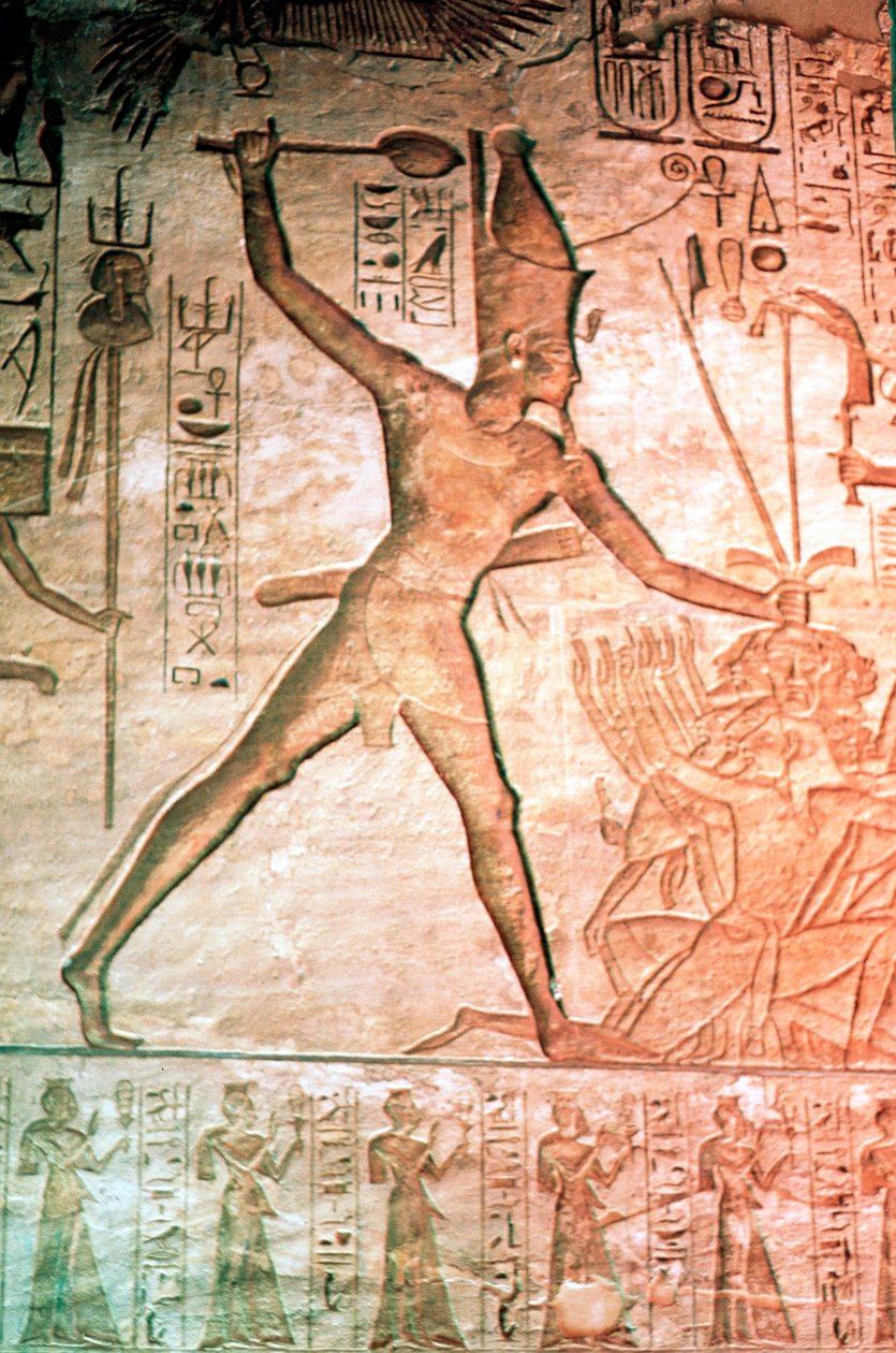 نقش من الحجر الجيري من معبد رعمسيس الثاني ، أبو سمبل ، مصر ، القرن الثالث عشر قبل الميلاد بواسطة غير معروف