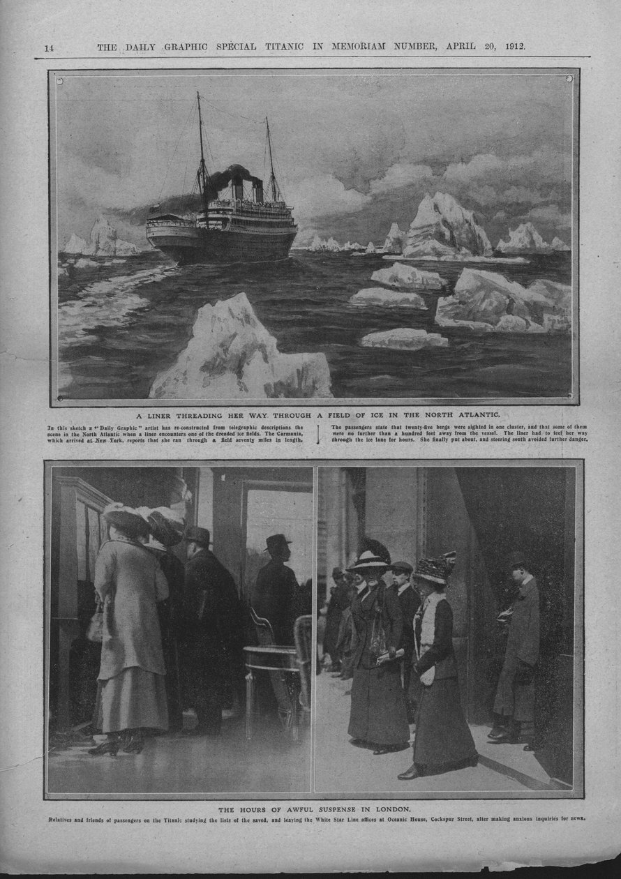 بطانة في مجال الجليد ، والناس ينتظرون أخبار كارثة تيتانيك ، 20 أبريل 1912. بواسطة غير معروف