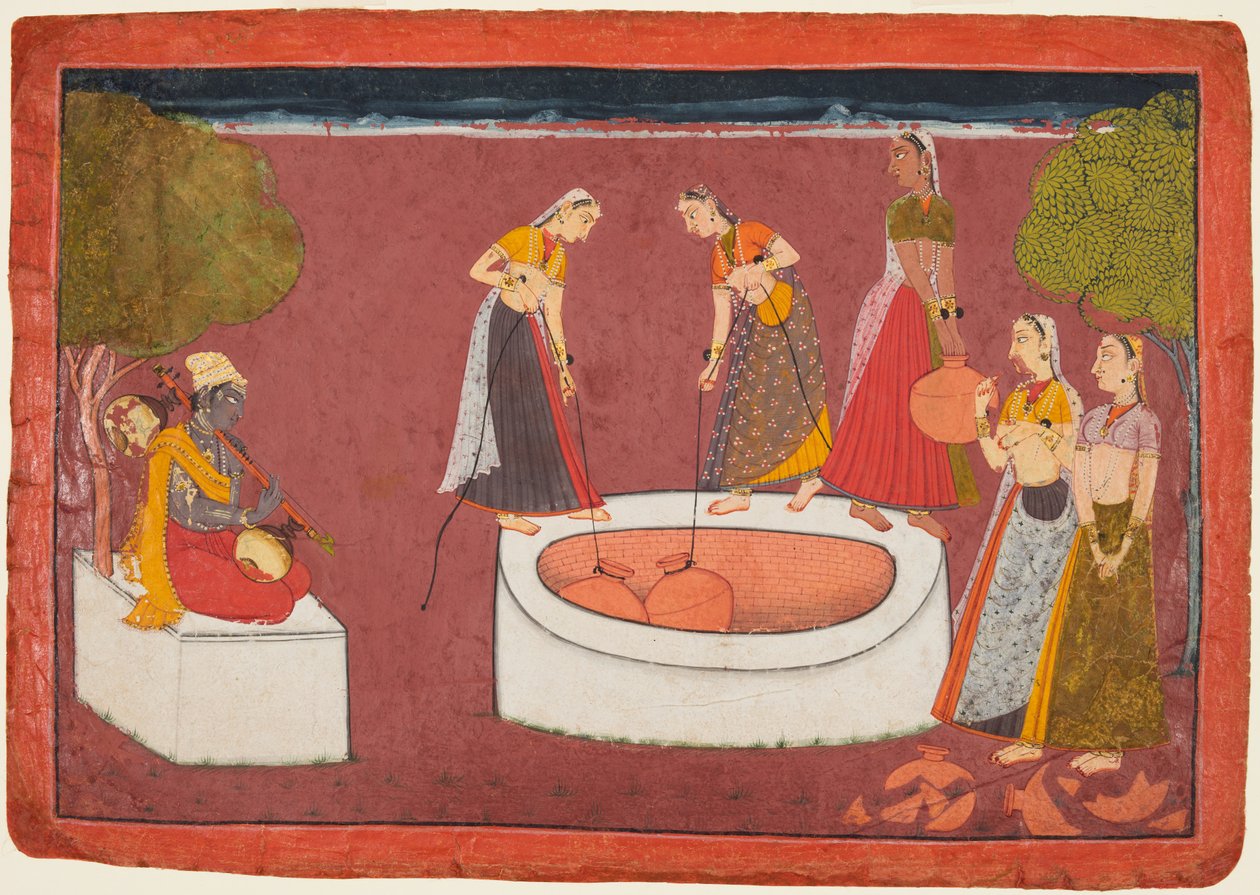Madhava يلعب فينا قبل خمس نساء يسحبن الماء من بئر ، من Madhavanala ... ، ج. 1700. بواسطة غير معروف