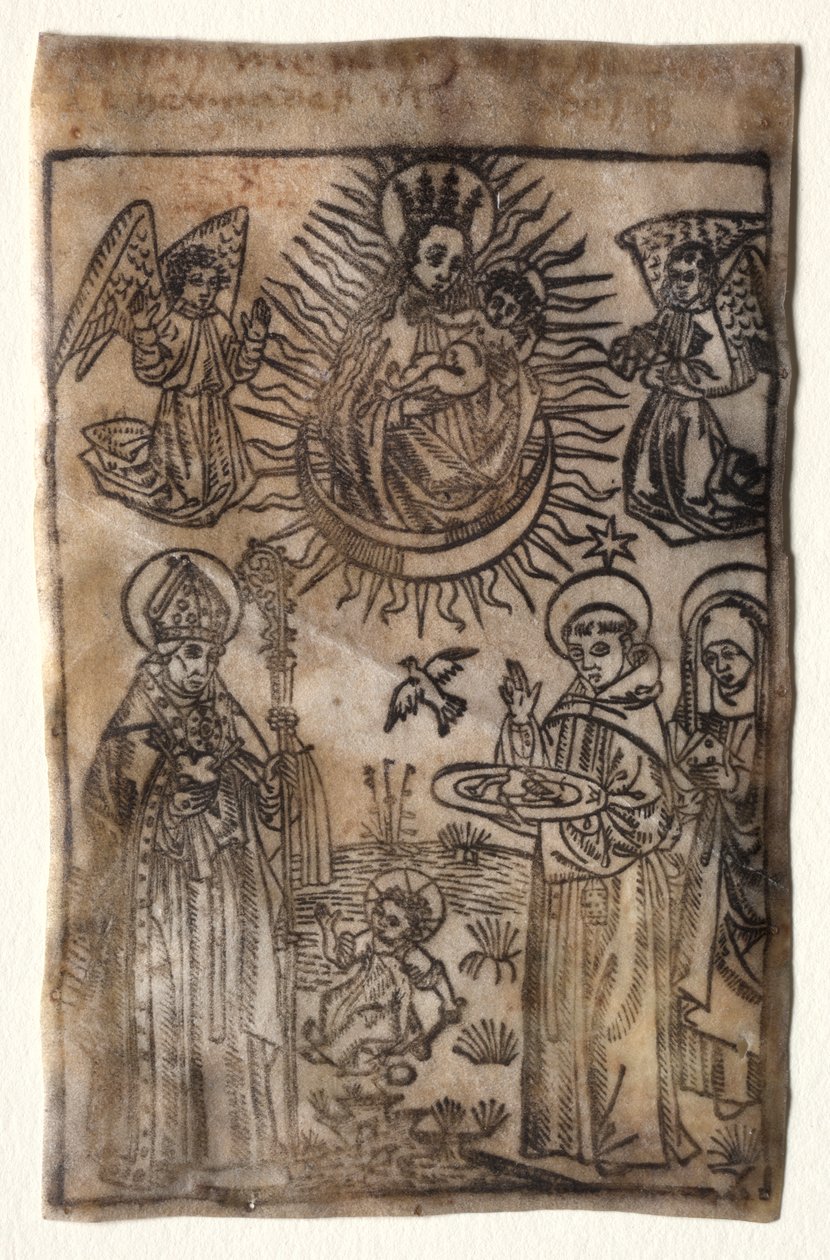 مادونا والطفل مع ثلاثة أعضاء من وسام القديس أوغسطين: القديسين أوغسطين ... ، 1400s. بواسطة غير معروف
