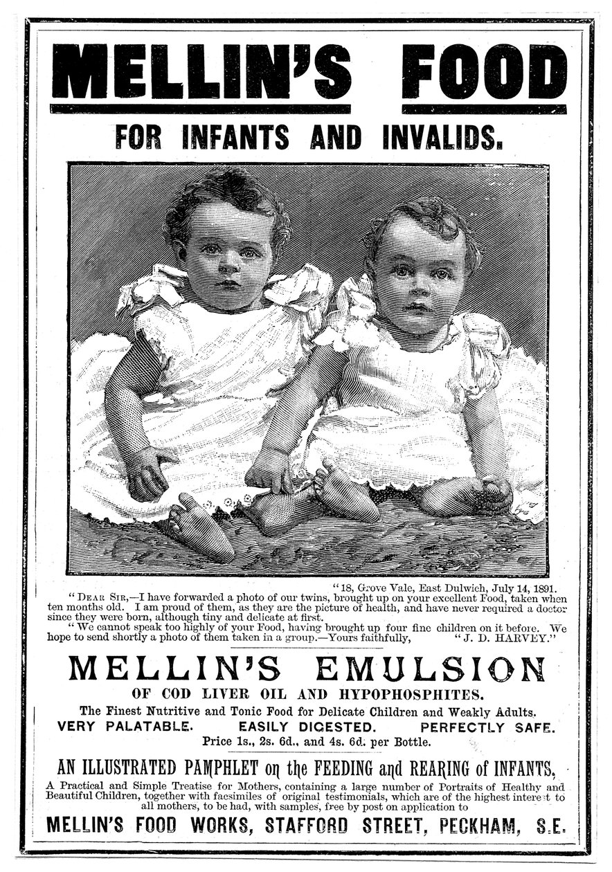 إعلان مجلة Mellins Emulsion ، مكمل غذائي يعتمد على زيت كبد سمك القد ، c1890 بواسطة غير معروف