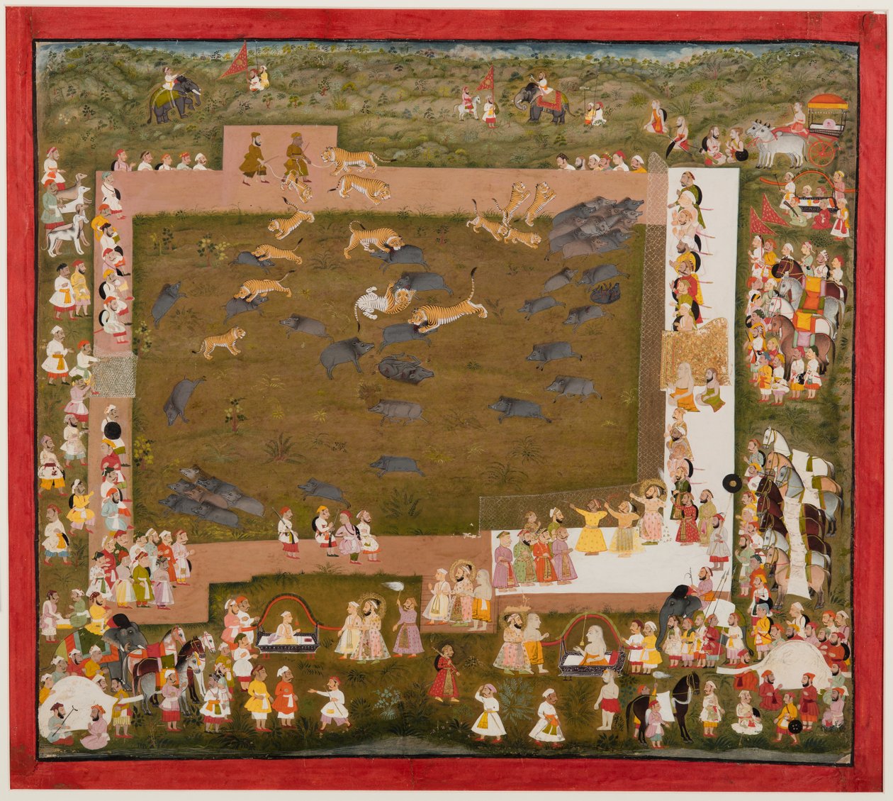 المهراجا سانجرام سينغ ومحكمته يلاحظون معركة بين النمور والخنازير في الصدري ، ج. 1720. بواسطة غير معروف
