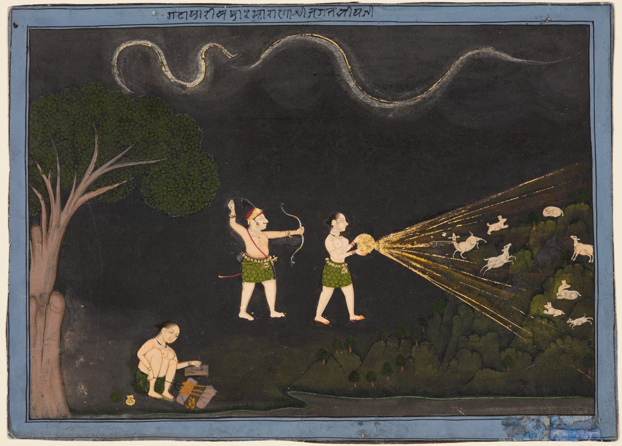 ترتدي ماهارانا جاجات سينغ زيًا بهيلًا ، صيد الغزلان في الليل ، ج. 1735–40. بواسطة غير معروف