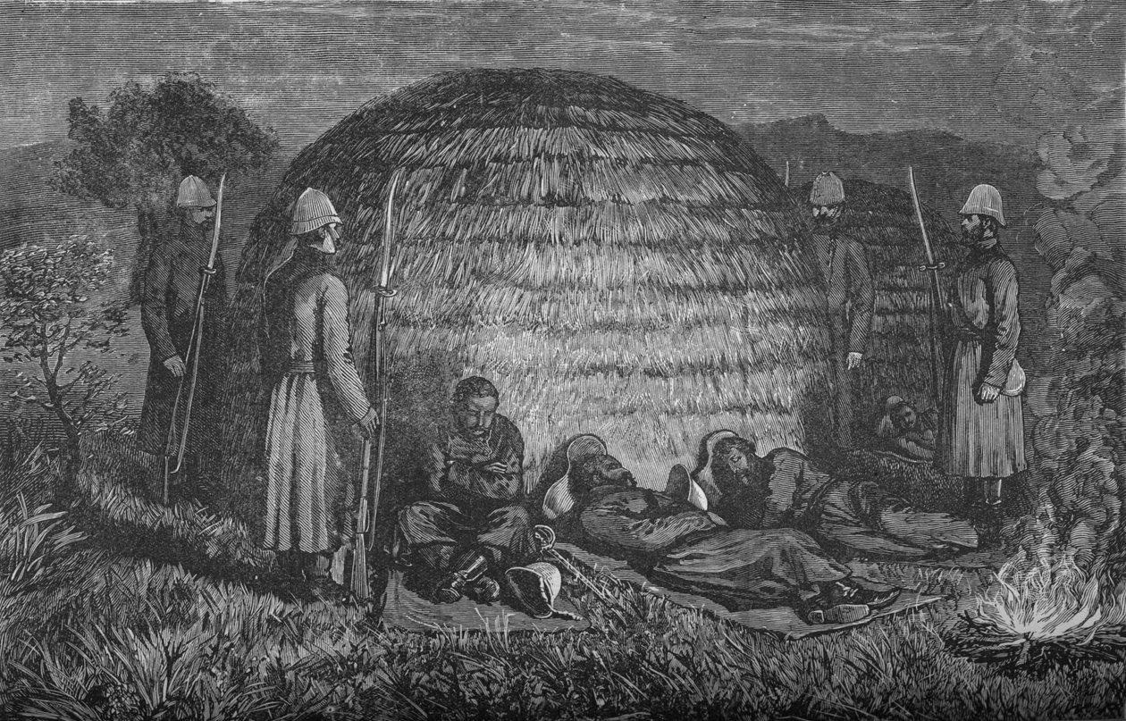 الرائد مارتر ورجاله يحرسون Cetewayo في Kraal الأصلي ، c1880 بواسطة غير معروف
