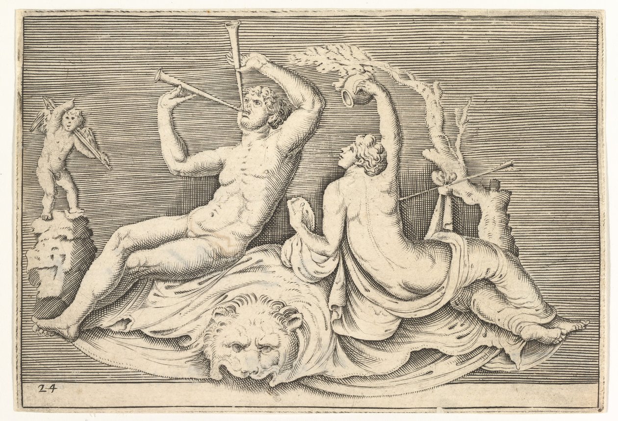 رجل يلعب اثنين من المزامير وامرأة على Lionskin ، تم نشره في كاليفورنيا. 1599-1622. بواسطة غير معروف