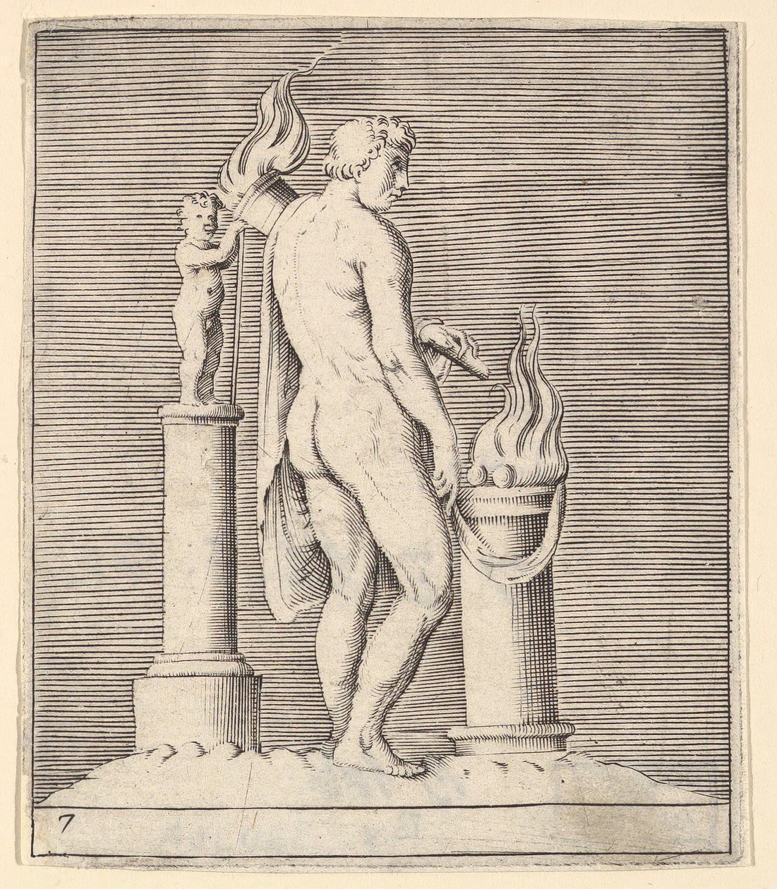 رجل مع الشعلة بين مذبح المشتعلة والتمثال ، تم نشره في كاليفورنيا. 1599-1622. بواسطة غير معروف