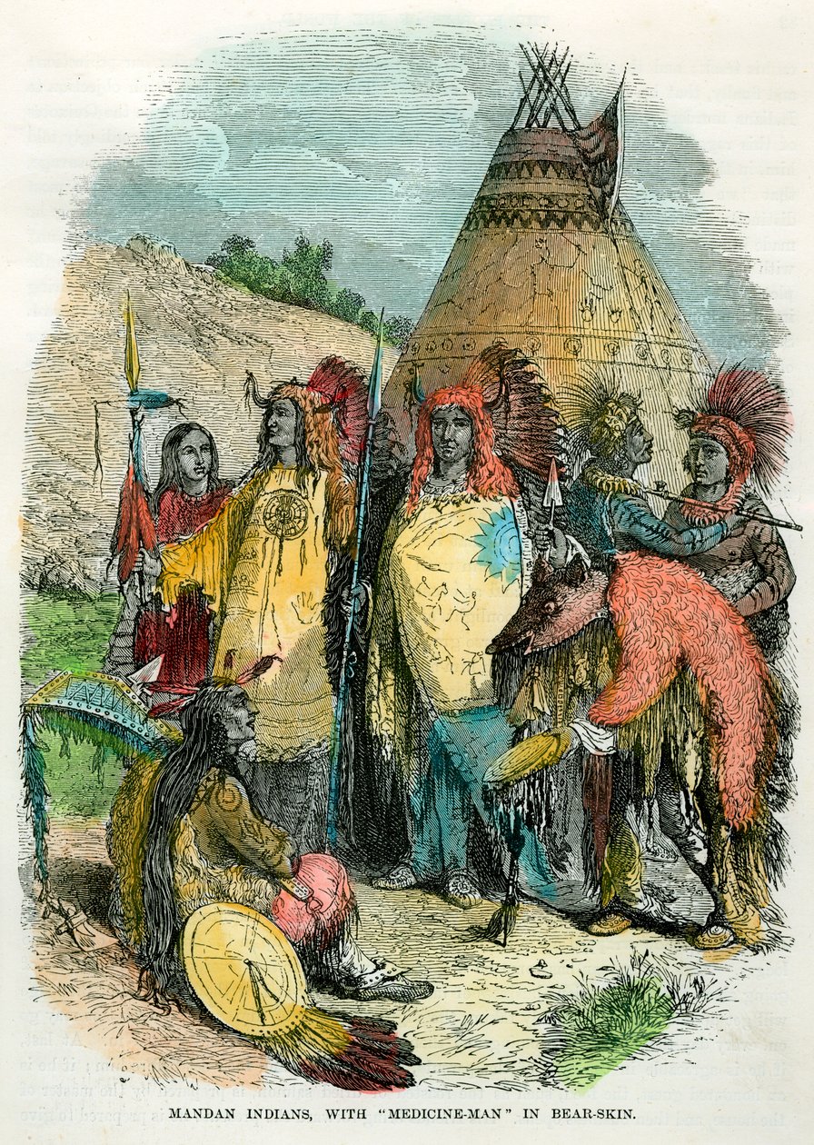 هنود الماندان ، مع رجل الطب في جلد الدب ، c1875 بواسطة غير معروف