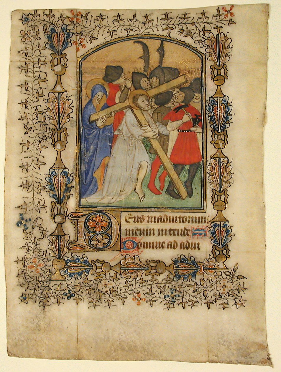 ورقة مخطوطة من كتاب الصلوات تُظهر الحرف الأول المضيء د والمسيح ... ، 1390-1400. بواسطة غير معروف