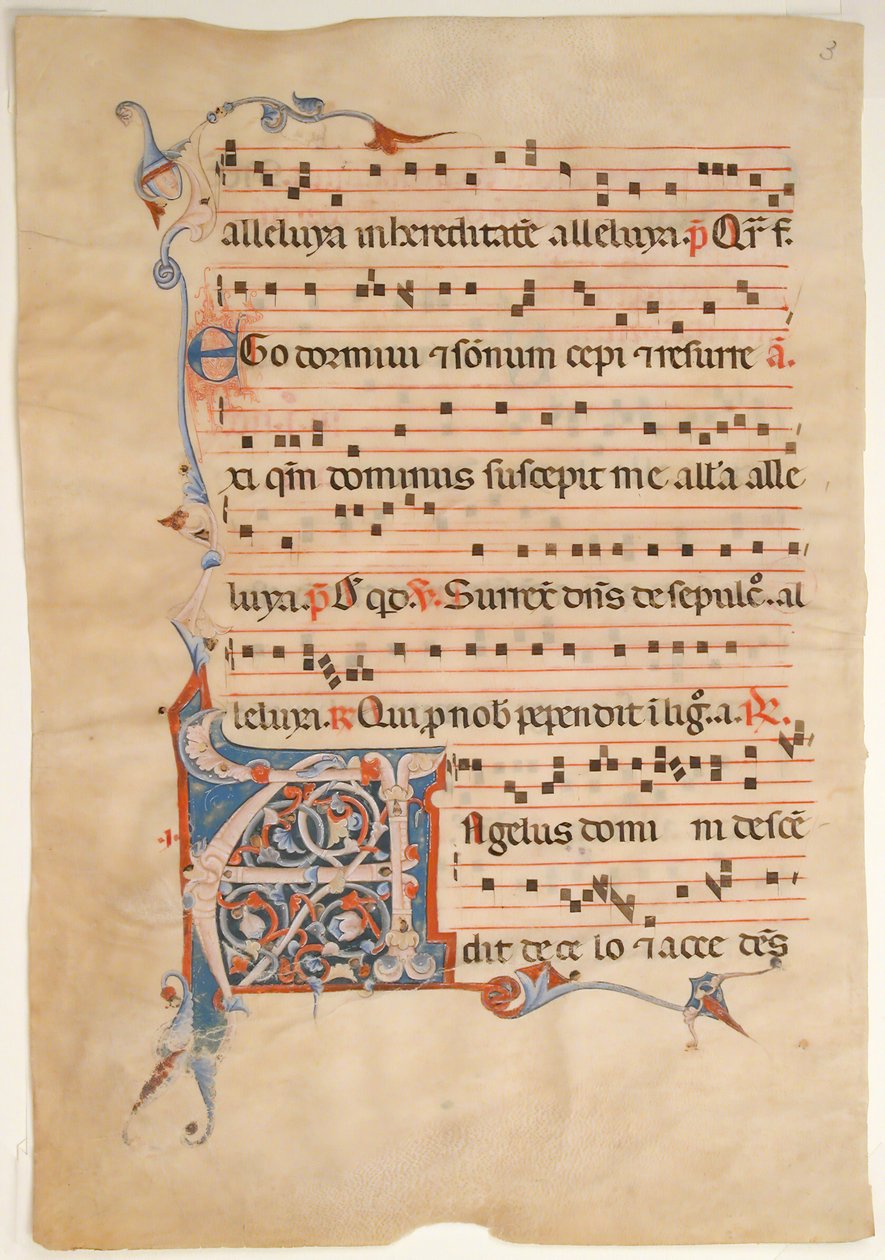 ورقة مخطوطة مكتوب عليها الحرف الأول المرقق A ، من Antiphonary ، القرن الرابع عشر. بواسطة غير معروف