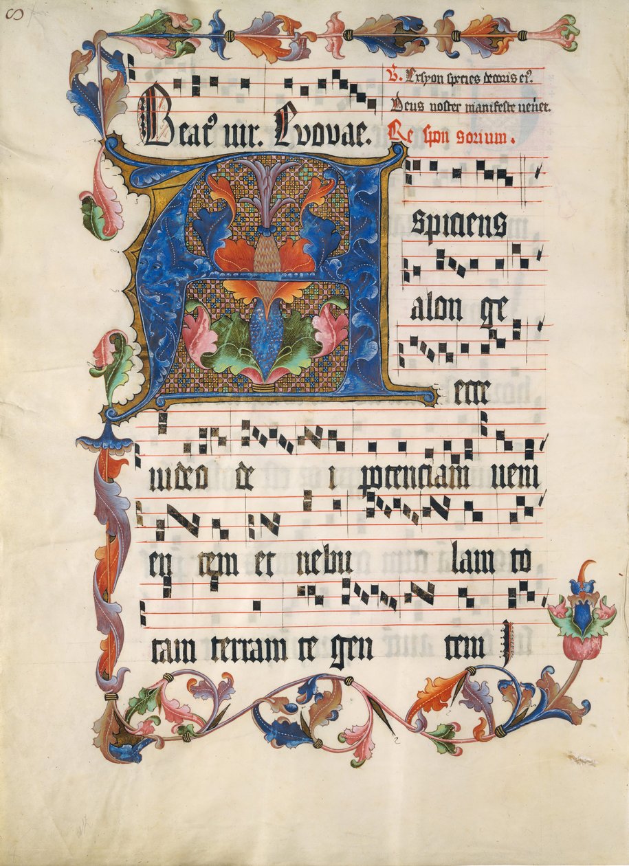ورقة مخطوطة بالأحرف الأولى (أ) من Antiphonary، ca. 1425-1450. بواسطة غير معروف