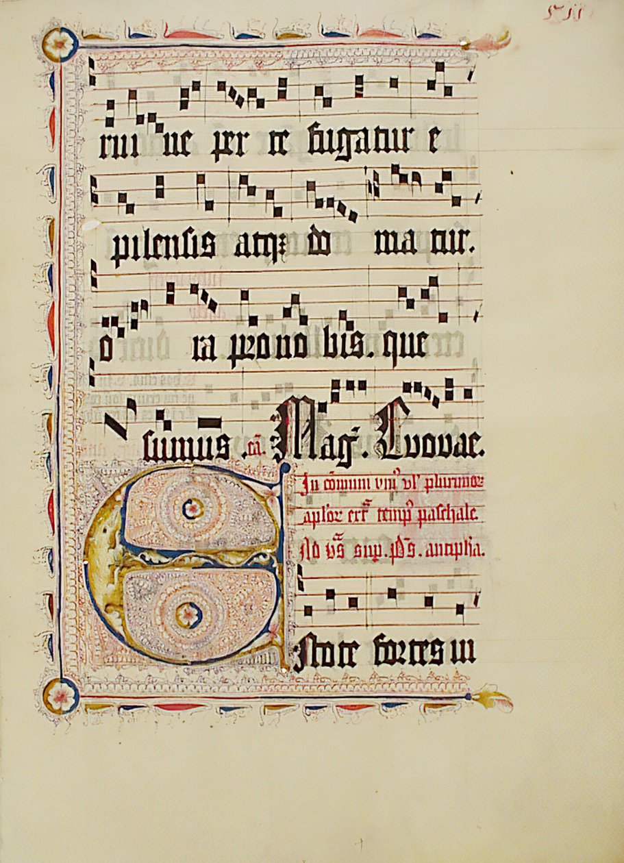 ورقة مخطوطة تحمل الحرف الأول E ، من Antiphonary ، ألماني ، الربع الثاني من القرن الخامس عشر. بواسطة غير معروف