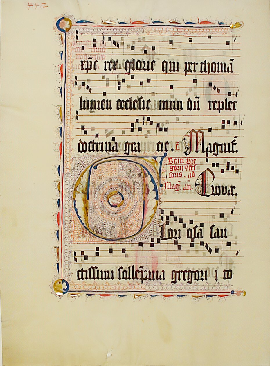 ورقة مخطوطة بالأحرف الأولى F ، من Antiphonary ، ألماني ، الربع الثاني من القرن الخامس عشر. بواسطة غير معروف