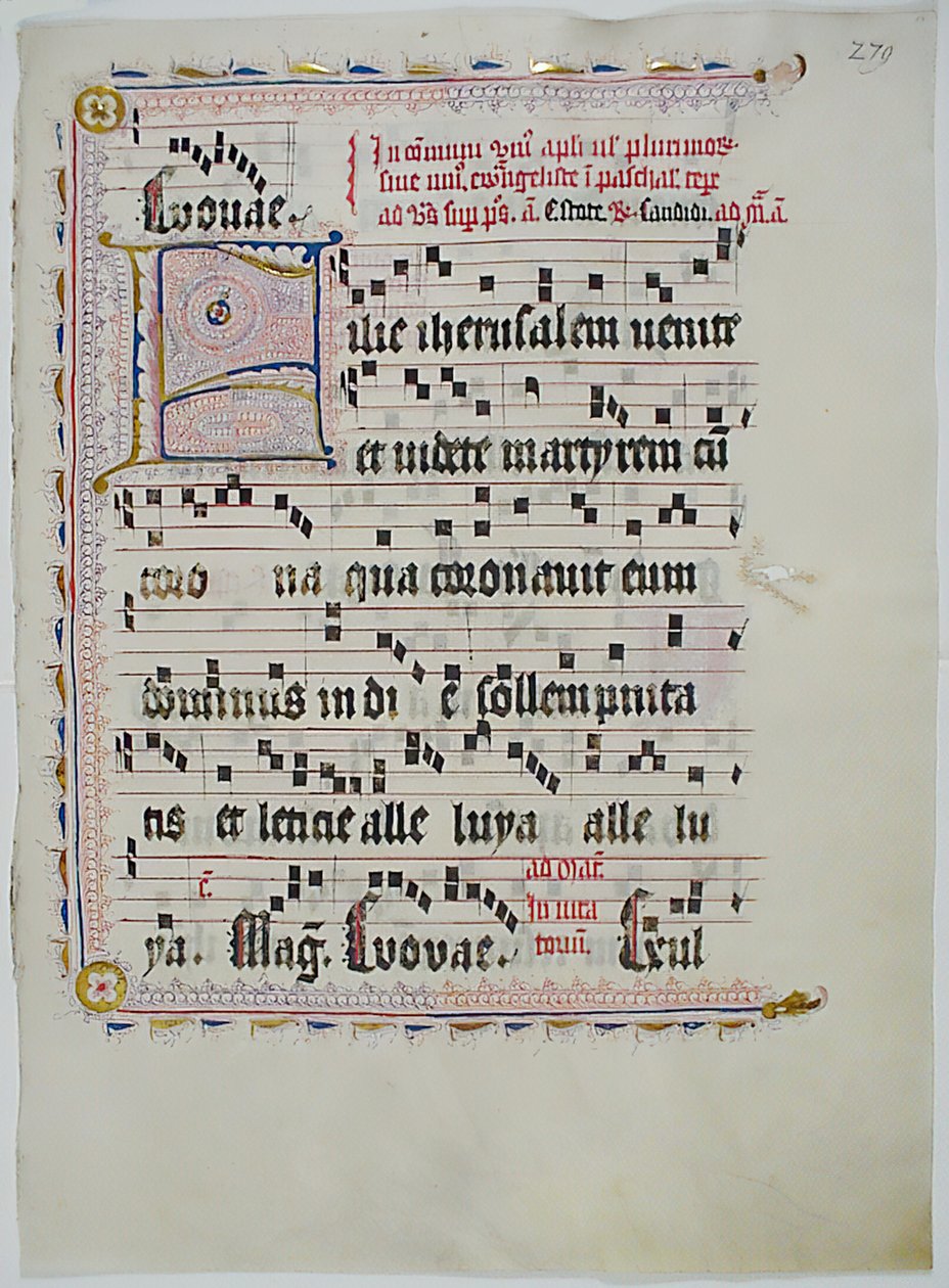 ورقة مخطوطة بالأحرف الأولى F ، من Antiphonary ، ألماني ، الربع الثاني من القرن الخامس عشر. بواسطة غير معروف