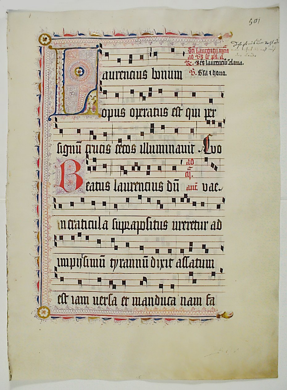 ورقة مخطوطة بالأحرف الأولى L ، من Antiphonary ، ألماني ، الربع الثاني من القرن الخامس عشر. بواسطة غير معروف