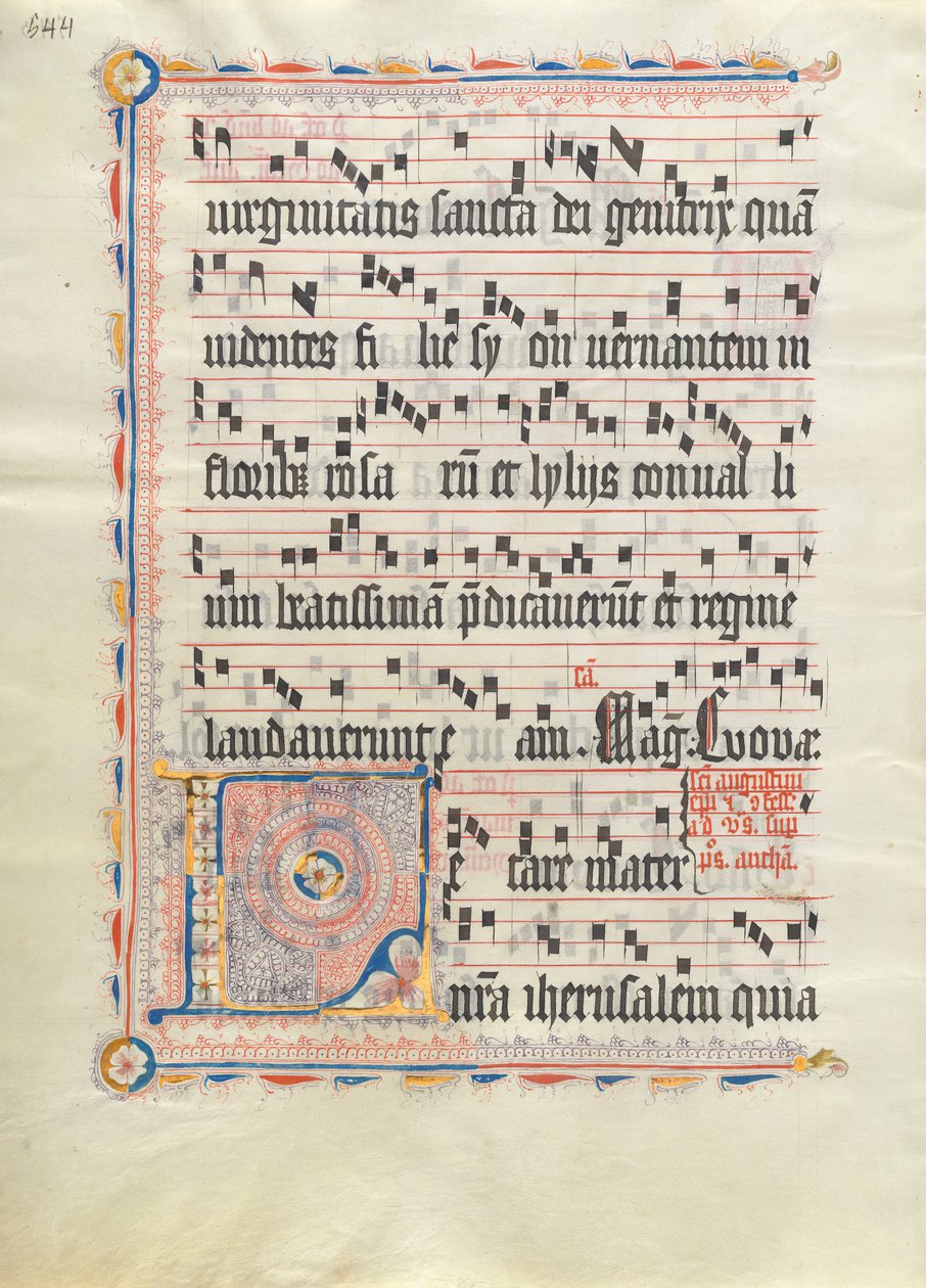 ورقة مخطوطة بالأحرف الأولى L ، من Antiphonary ، ألماني ، الربع الثاني من القرن الخامس عشر. بواسطة غير معروف