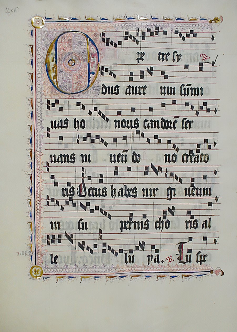 ورقة مخطوطة عليها الحرف الأول O ، من Antiphonary ، ألماني ، الربع الثاني من القرن الخامس عشر. بواسطة غير معروف