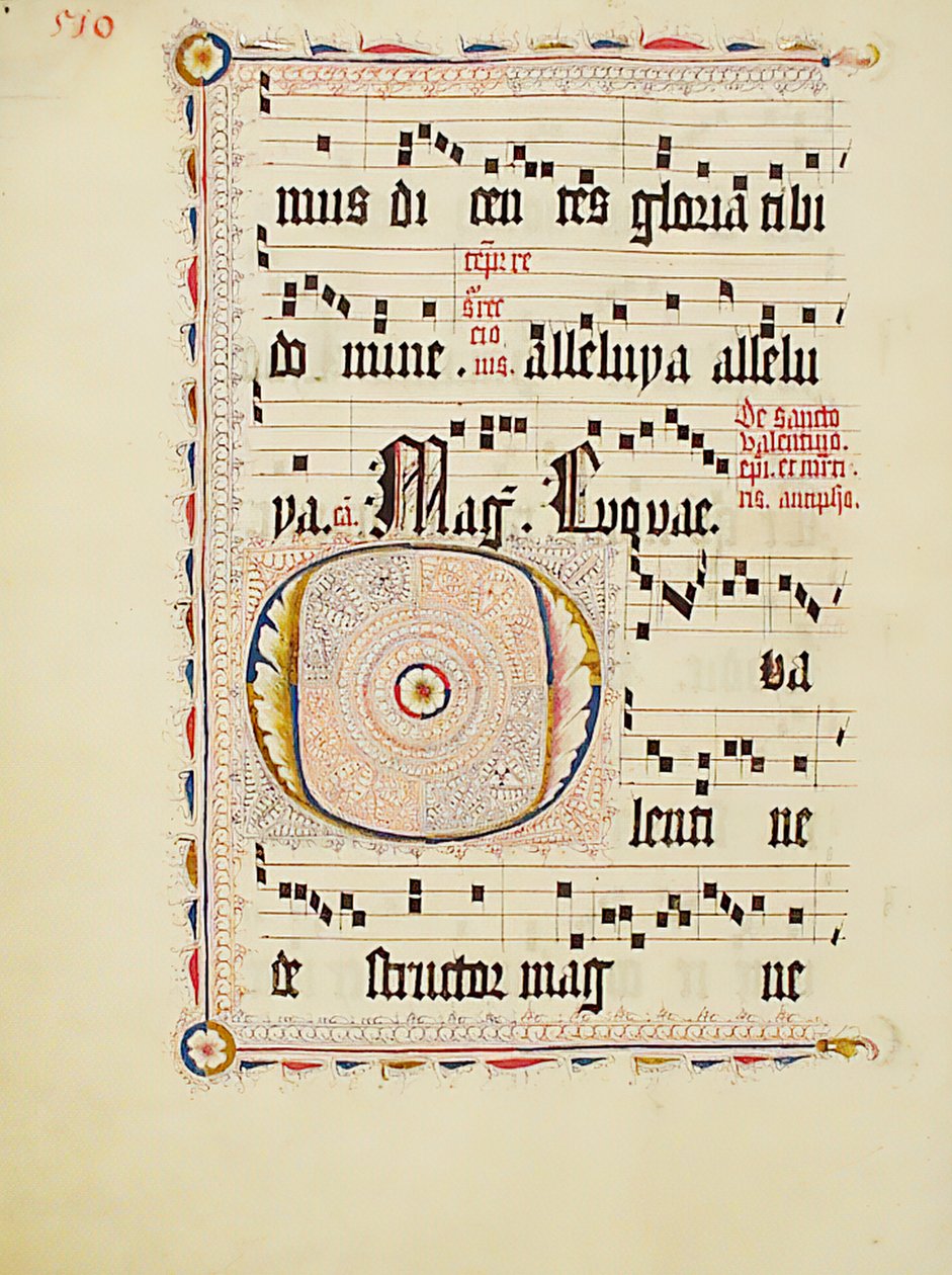 ورقة مخطوطة عليها الحرف الأول O ، من Antiphonary ، ألماني ، الربع الثاني من القرن الخامس عشر. بواسطة غير معروف