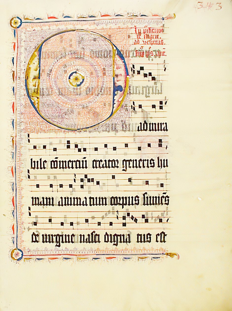 ورقة مخطوطة عليها الحرف الأول O ، من Antiphonary ، ألماني ، الربع الثاني من القرن الخامس عشر. بواسطة غير معروف