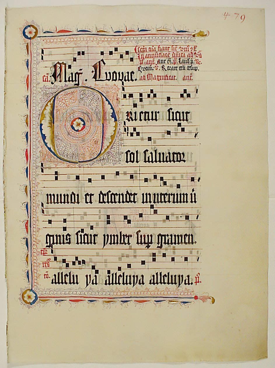 ورقة مخطوطة عليها الحرف الأول O ، من Antiphonary ، ألماني ، الربع الثاني من القرن الخامس عشر. بواسطة غير معروف
