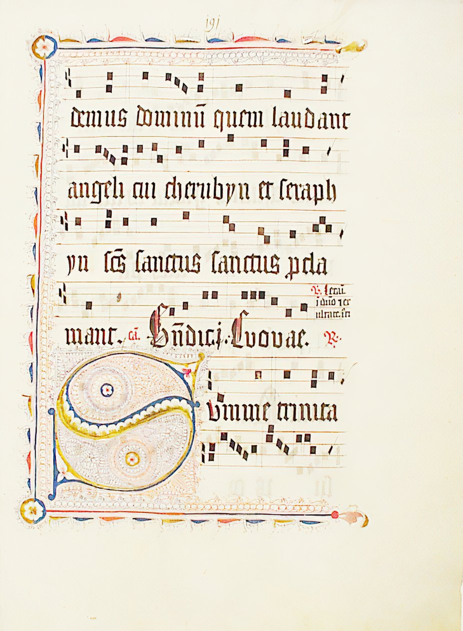 ورقة مخطوطة تحمل الحرف الأول S ، من Antiphonary ، ألماني ، الربع الثاني من القرن الخامس عشر. بواسطة غير معروف
