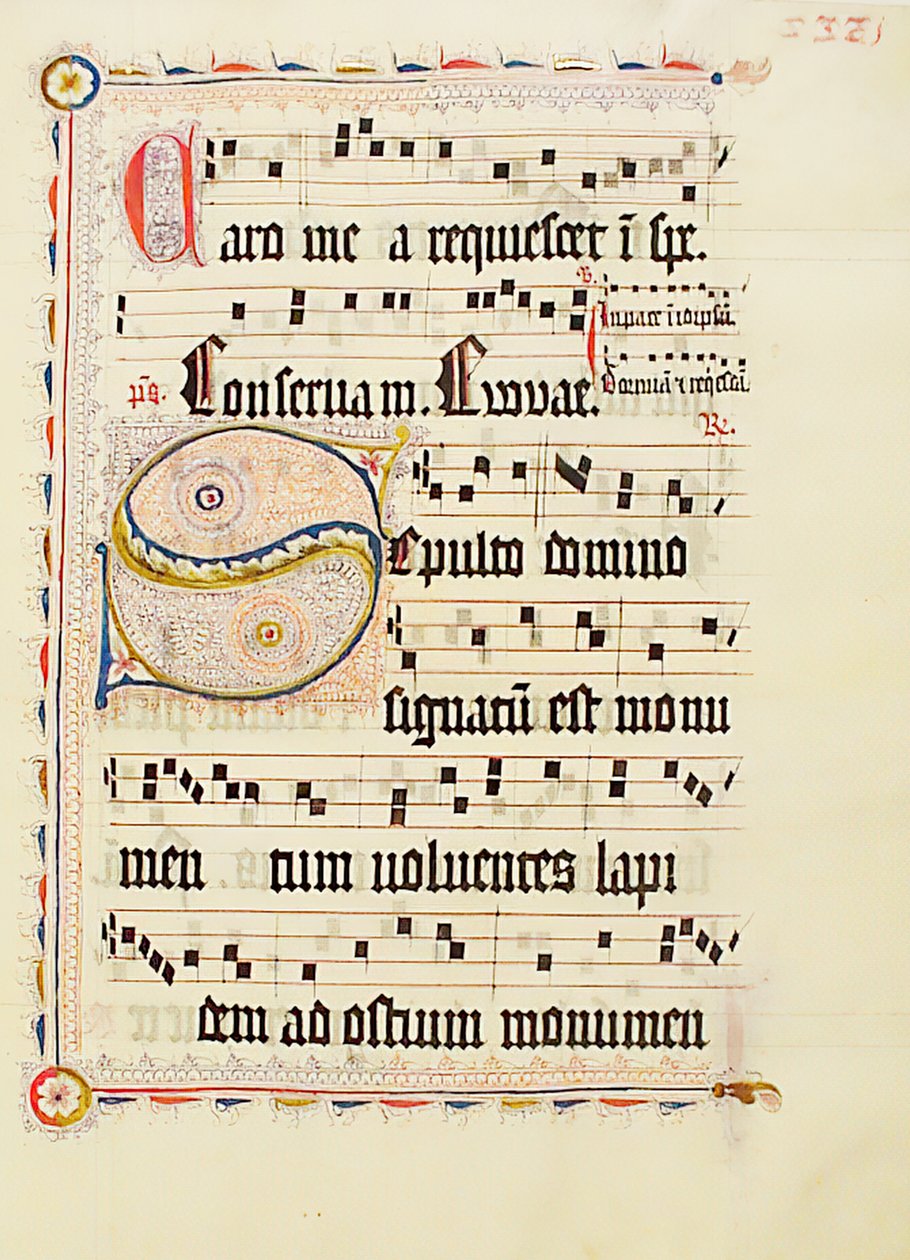 ورقة مخطوطة تحمل الحرف الأول S ، من Antiphonary ، ألماني ، الربع الثاني من القرن الخامس عشر. بواسطة غير معروف