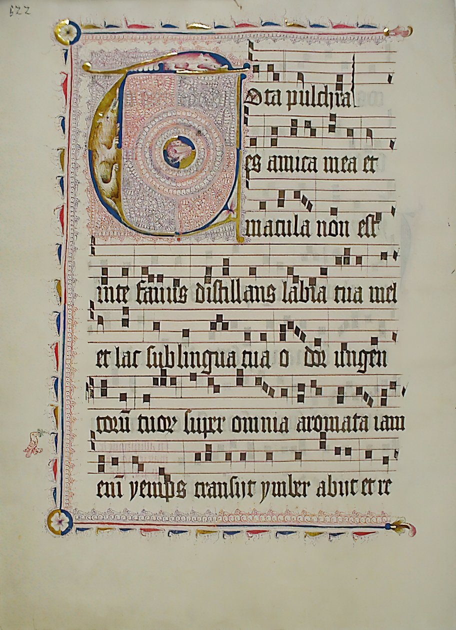 ورقة مخطوطة عليها الحرف الأول T ، من Antiphonary ، ألماني ، الربع الثاني من القرن الخامس عشر. بواسطة غير معروف