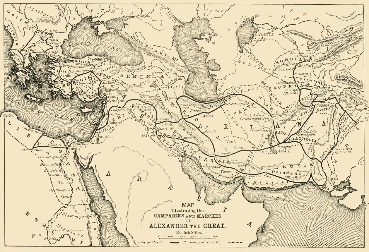 خريطة توضح حملات ومسيرات الإسكندر الأكبر ، 1890. بواسطة غير معروف