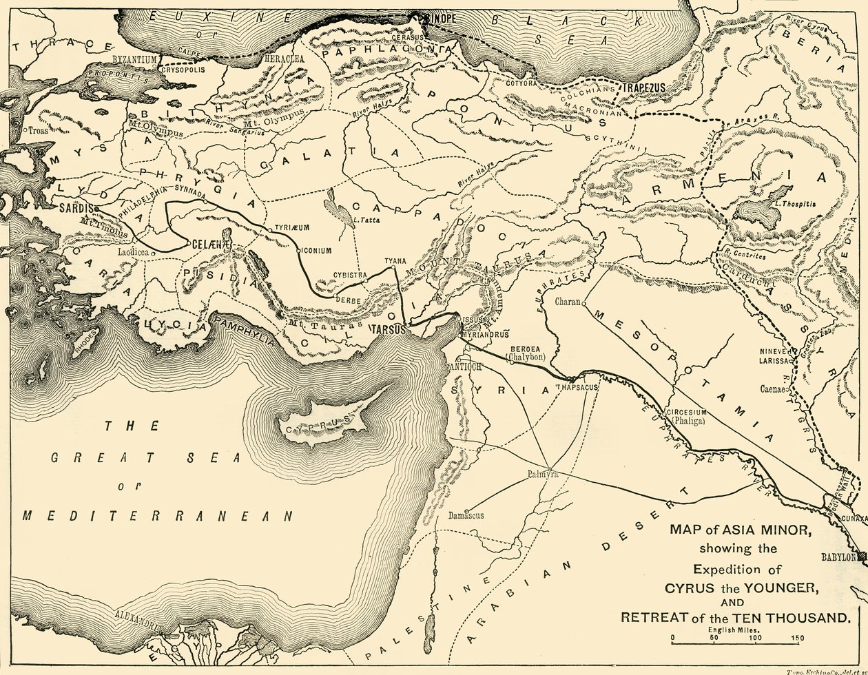 خريطة آسيا الصغرى ، رحلة قورش الأصغر ، وتراجع عشرة آلاف ، 1890. بواسطة غير معروف