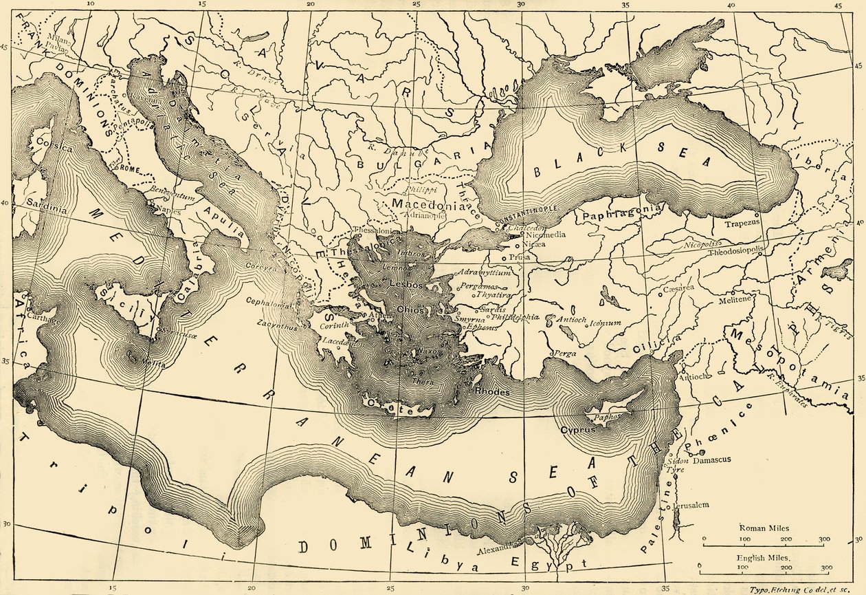 خريطة الإمبراطورية البيزنطية في القرن التاسع ، 1890. بواسطة غير معروف