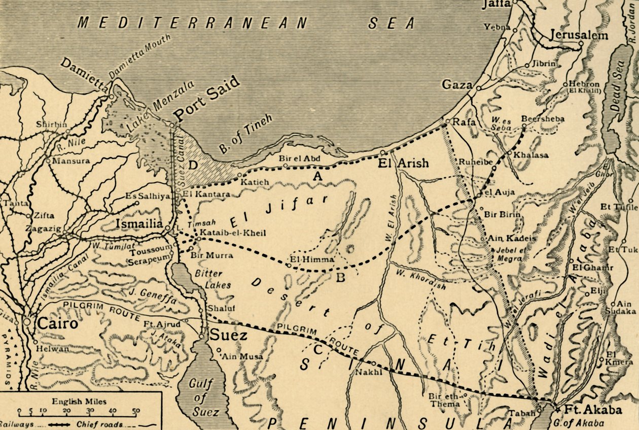 خريطة الهجوم التركي على قناة السويس ، مصر ، الحرب العالمية الأولى ، 1915 م ، 1920 م. بواسطة غير معروف