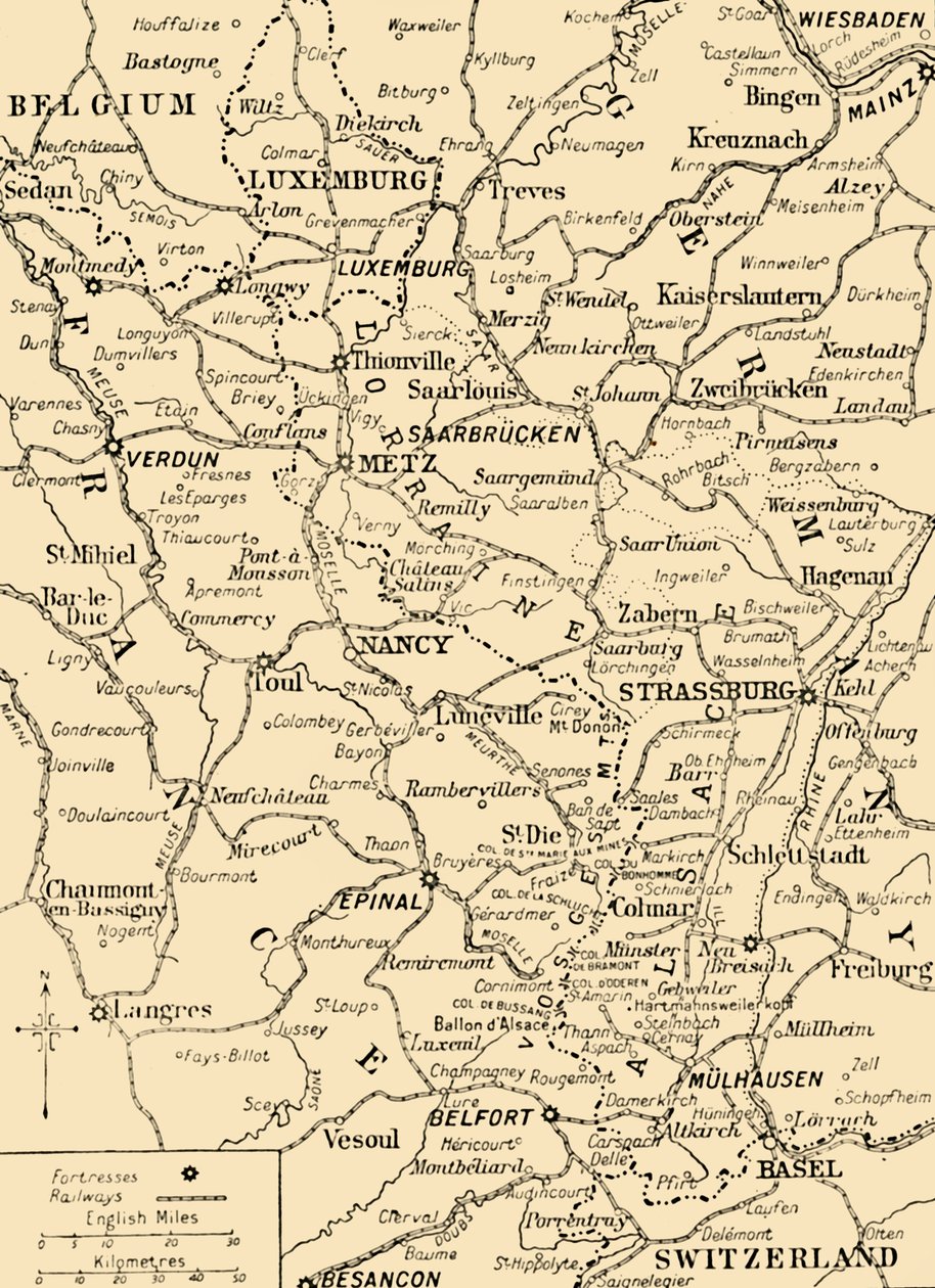 خريطة توضح الحدود بين فرنسا وألمانيا ، الحرب العالمية الأولى ، c1915 ، c1920. بواسطة غير معروف