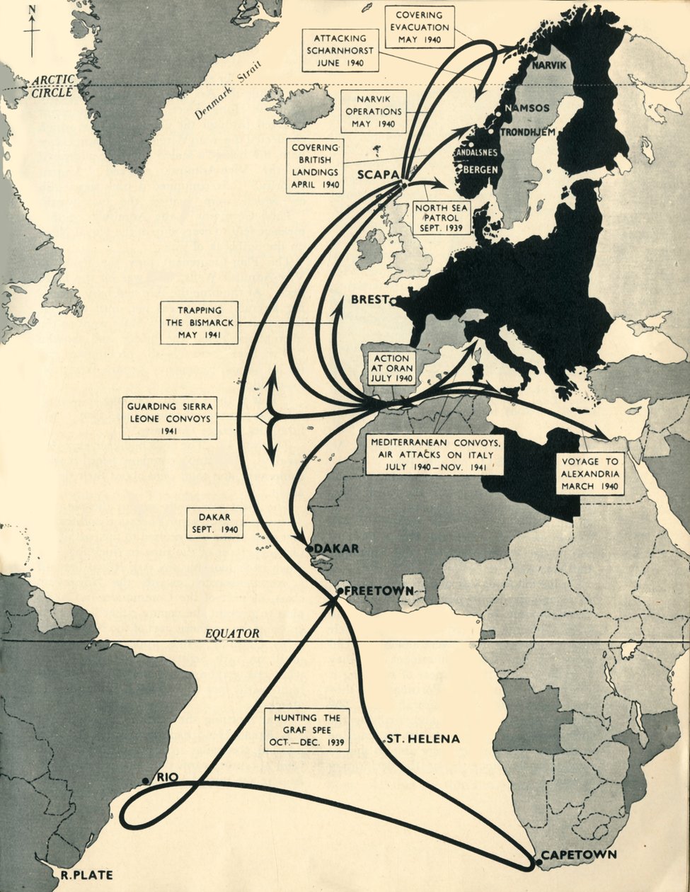 خريطة توضح تحركات السفينة الملكية آرك رويال ، 1939-1941 ، 1942. بواسطة غير معروف