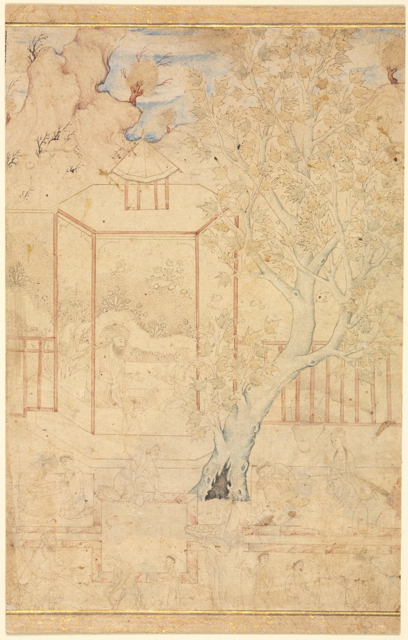 ماجستير والتلميذ في Garden Pavillion ، صفحة واحدة التوضيح ، ج. 1570-1590. بواسطة غير معروف