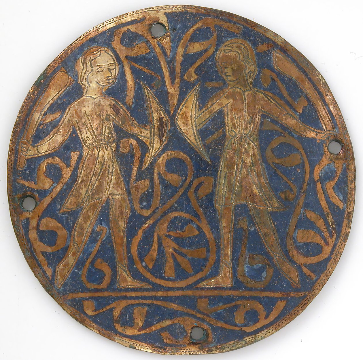 ميدالية مع اثنين من المحاربين الشباب مع Falchions و Bucklers ، الفرنسية ، كاليفورنيا. 1240-60. بواسطة غير معروف