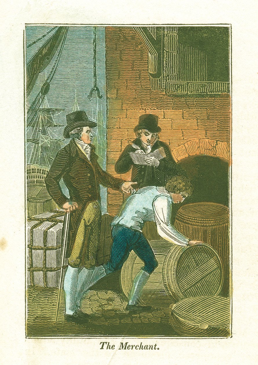 التاجر وكاتبه في فحص البضائع على رصيف الميناء في مستودع ، 1823 بواسطة غير معروف