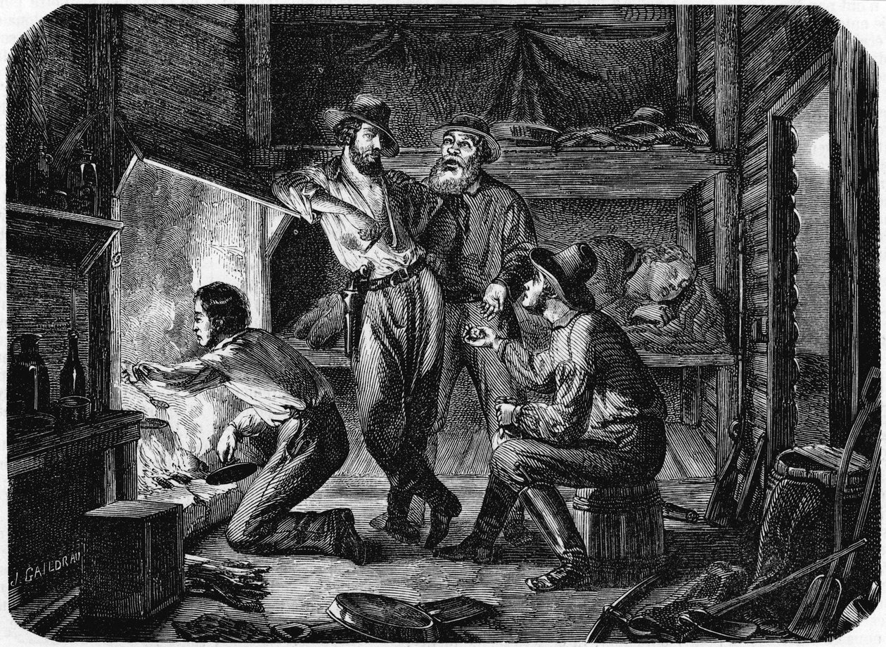 عمال المناجم في حقول الذهب في كاليفورنيا يسترخون في كابينة الخشب الخاصة بهم ليلا ، 1853 بواسطة غير معروف