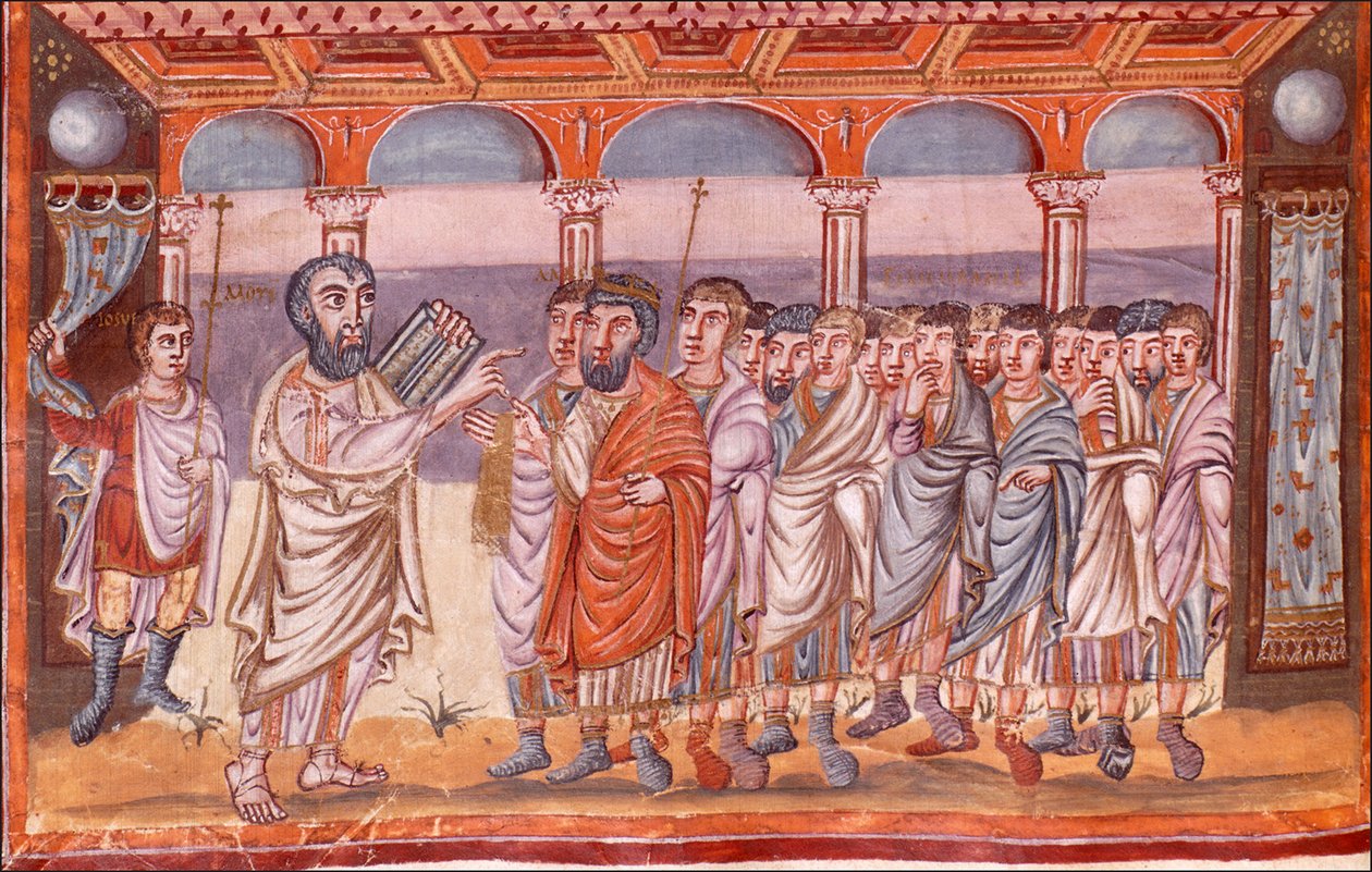 موسى يتلقى أقراص القانون مصغرة من الكتاب المقدس Moutier-Grandval ، ca 830-ca 840 بواسطة غير معروف