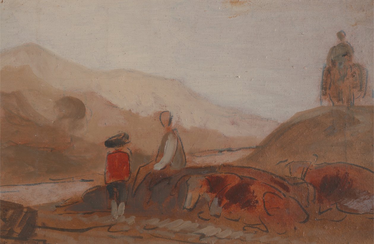 منظر جبلي مع أشكال بجانب بحيرة ، 1825 إلى 1830. بواسطة غير معروف