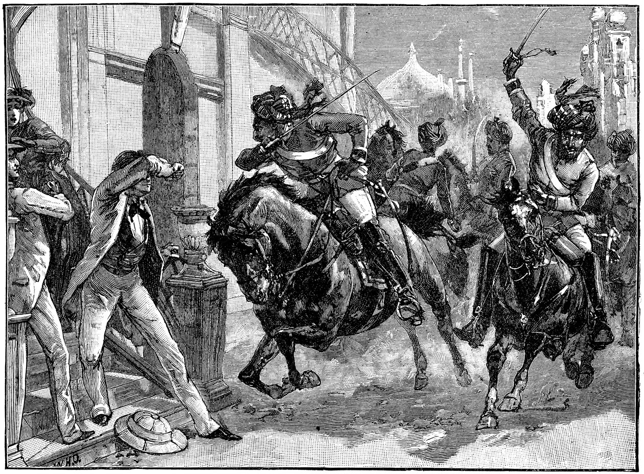 متمردون متمردون سيبويون يتسللون عبر شوارع دلهي ، التمرد الهندي ، مايو 1857 c1895 بواسطة غير معروف