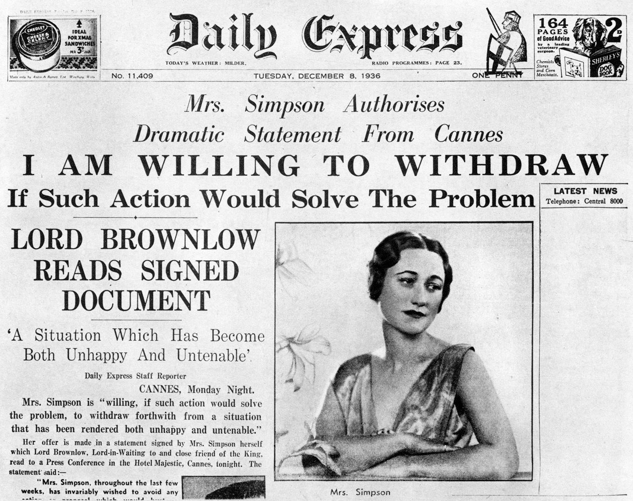 عرضت السيدة سيمبسون الانسحاب في 8 ديسمبر 1936 بواسطة غير معروف