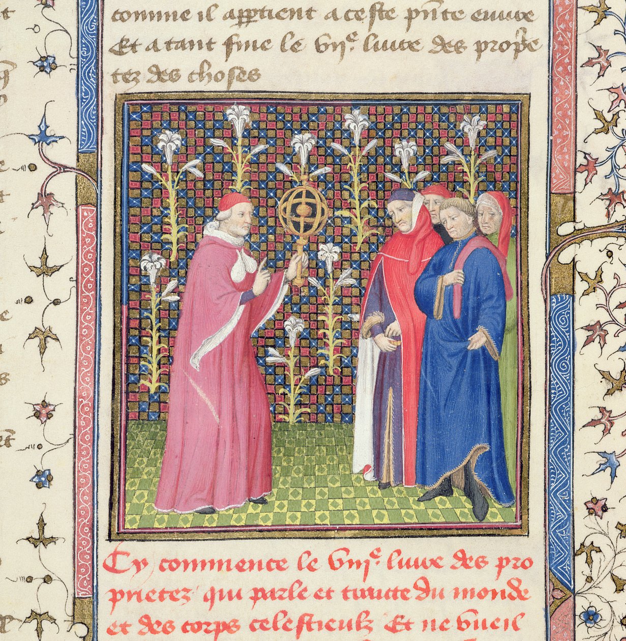 Ms 251 f.135r خمسة رجال ، أحدهم يحمل كرة سلاح ، من "Des Proprietez des Choses" ، حوالي 1415 (ورق) بواسطة غير معروف