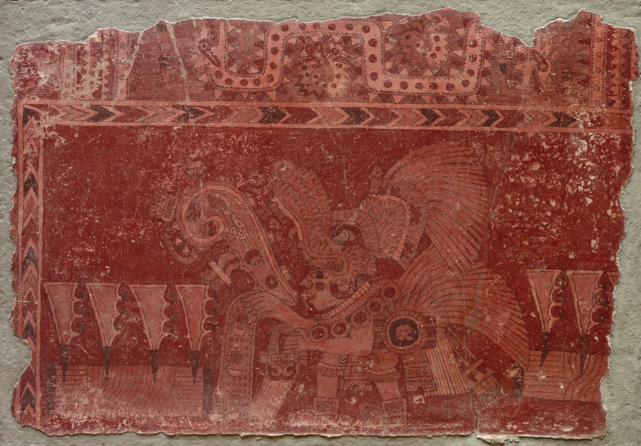 قطعة جدارية مع ذكر النخبة وأوراق الصبار ماغي ، 500-550. بواسطة غير معروف