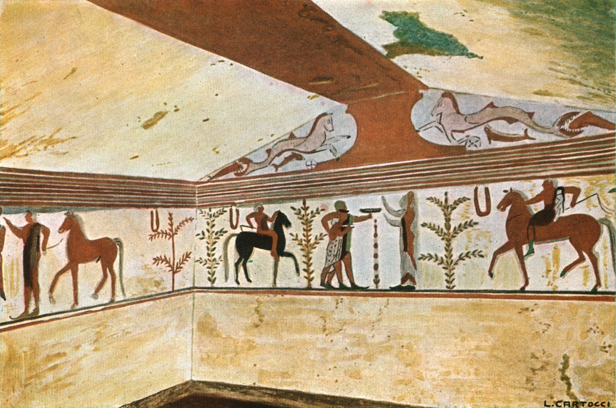 رسم جداري في قبر البارون تومبا ديل بارون في تاركوينيا ، إيطاليا ، 1928. بواسطة غير معروف