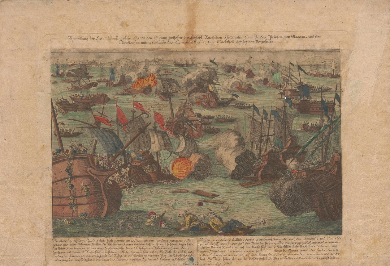 معركة بحرية بين الأسطول الروسي والعثماني في البحر الأسود في 28 و 29 يونيو 1788 ، 1788. بواسطة غير معروف