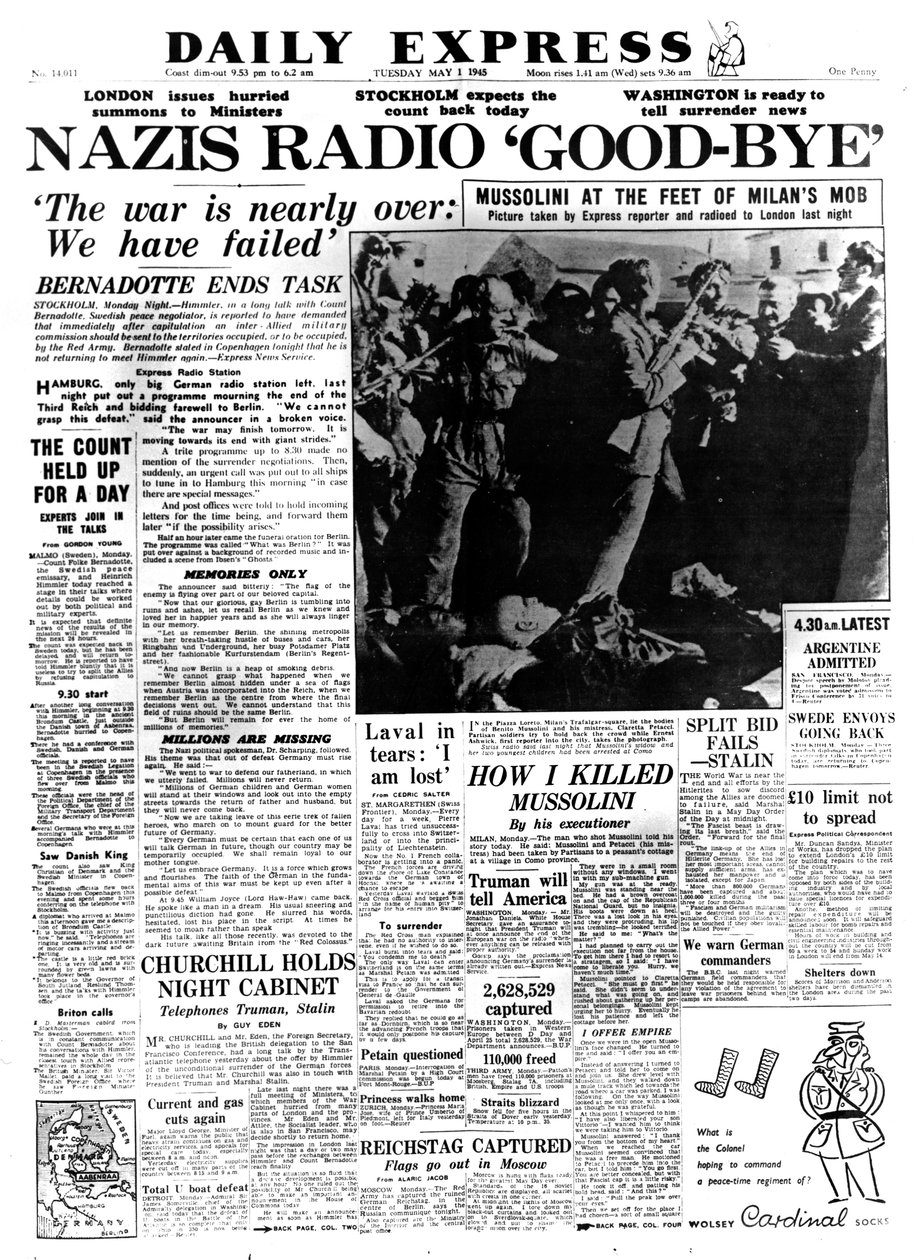 إذاعة النازيين وداعًا ، الصفحة الأولى من الديلي إكسبريس ، 1 مايو 1945 بواسطة غير معروف