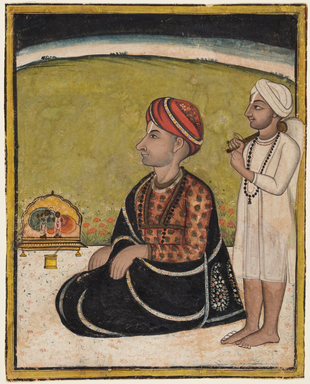 نوبل جالسًا على حاجز خارجي يعبد ضريح كريشنا الناي ، ج. 1800. بواسطة غير معروف
