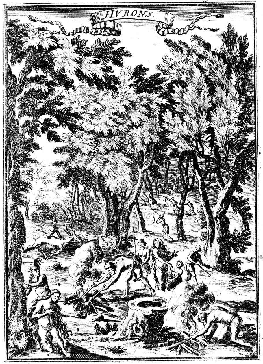 هنود أمريكا الشمالية هورون يصطادون ويجهزون الطعام في الغابات ، 1686 بواسطة غير معروف